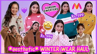 aesthetic WINTER WEAR HAUL 2022 💜 Korean Inspired Sweaters Teddy Jacket amp More  Myntra Haul [upl. by Shandee]