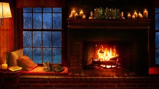 Cozy Cabin Ambience  Rain and Fireplace Sounds at Night 8 Hours for Sleeping Reading Relaxation [upl. by Haggar]