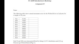 Assignment 19  Flood Frequency Analysis using Extreme Value 1 and Log Pearson Type 3 Distributions [upl. by Ahouh365]