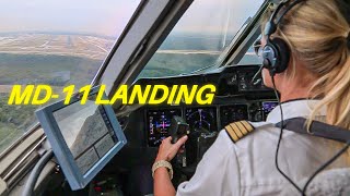 Female Pilot Landing MD 11 Cockpit View Lufthansa [upl. by Joeann]