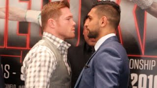 SAUL CANELO ALVAREZ v AMIR KHAN  HEAD TO HEAD  LONDON PRESS CONFERENCE  CANELO v KHAN [upl. by Ahter]