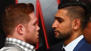 CANELO ALVAREZ VS AMIR KHAN FACE OFF IN LONDON KHAN SIZES UP WELL TO CANELO [upl. by Llenyar318]