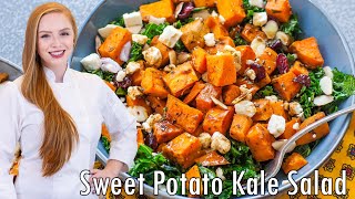 EASY Kale amp Sweet Potato Salad Recipe With Almonds Cranberries amp Cheese [upl. by Annirac812]