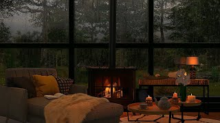 Cozy room ambience ASMR🌙 Rain on window sounds with crackling fire for sleep study relaxation [upl. by Goebel226]