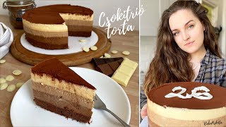 CSOKITRIÓ 🍫🤍🤎  Triplacsokis Mousse torta  BebePiskóta [upl. by Ennahs]