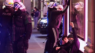 Second night of anticurfew protests in Montreal met with heavy police presence [upl. by Ardnosal]