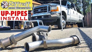 2001 F350 73  RiffRaff UpPipes Install  Stock up pipes leaking and falling apart JUNK SP [upl. by Aleac525]