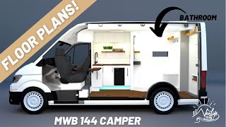 Camper Van Blue Prints MWB 144  FULL BATHROOM and FIXED BED in a Small Camper  Vanlife Builds [upl. by Susejedesoj]