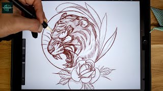 How to draw a Tattoo Design from Beginning to End  Neo Traditional Tiger Sketch [upl. by Quita]