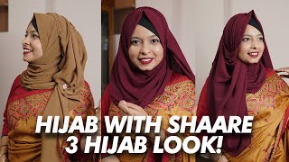 How To Style Hijab With Saree  3 Different Party Hijab Style  Khudalagse [upl. by Eilrebmik]